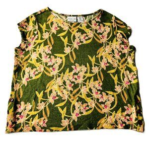 RACHEL ZOE 100% Linen Top Green Floral Pullover Wooden Buttons Size M